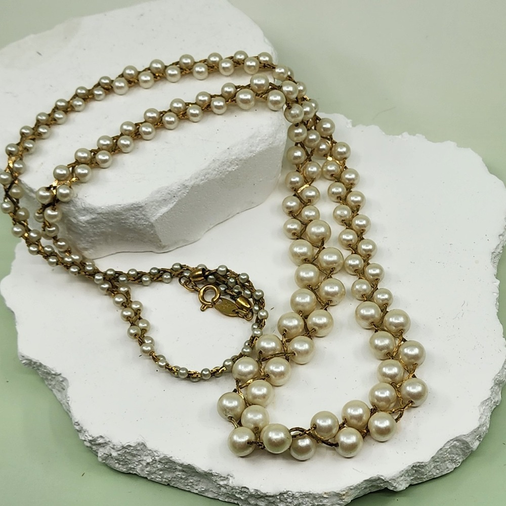 Trifari Vintage Faux Pearl Multi Strand Gold Tone Statement Necklace Bridal